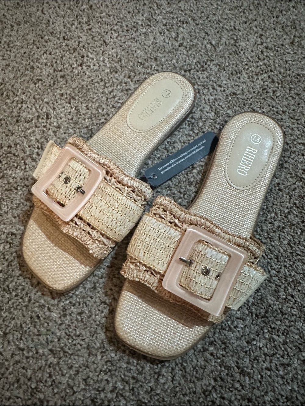 Beige Raffia Slide Sandals with Buckle